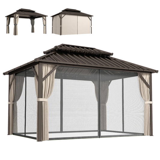 10' x 14' Hardtop Gazebo with Curtains and Netting, Brown