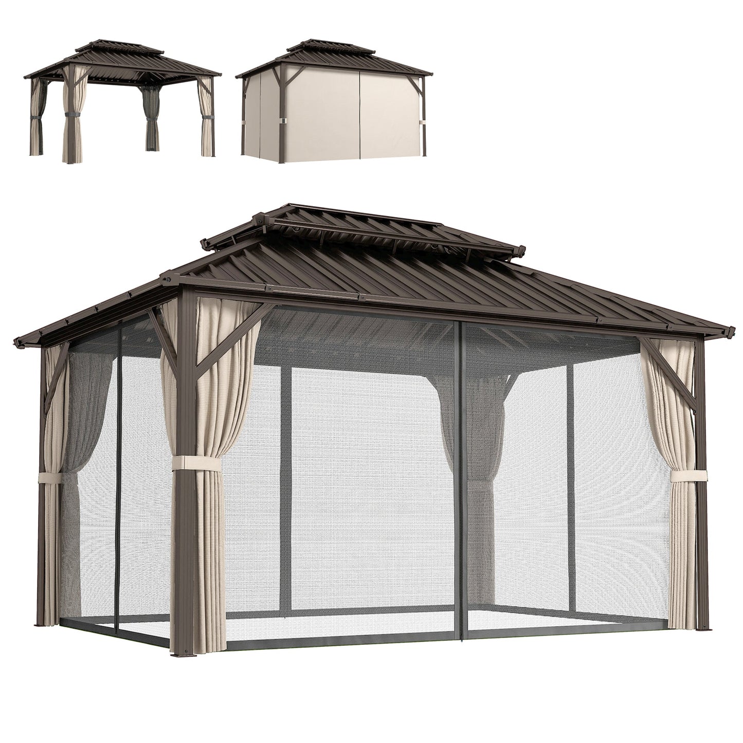 10' x 14' Hardtop Gazebo with Curtains and Netting, Brown