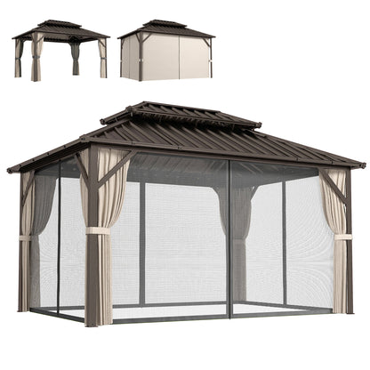 10' x 14' Hardtop Gazebo with Curtains and Netting, Brown