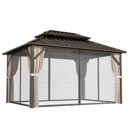 10' x 14' Hardtop Gazebo with Curtains and Netting, Brown