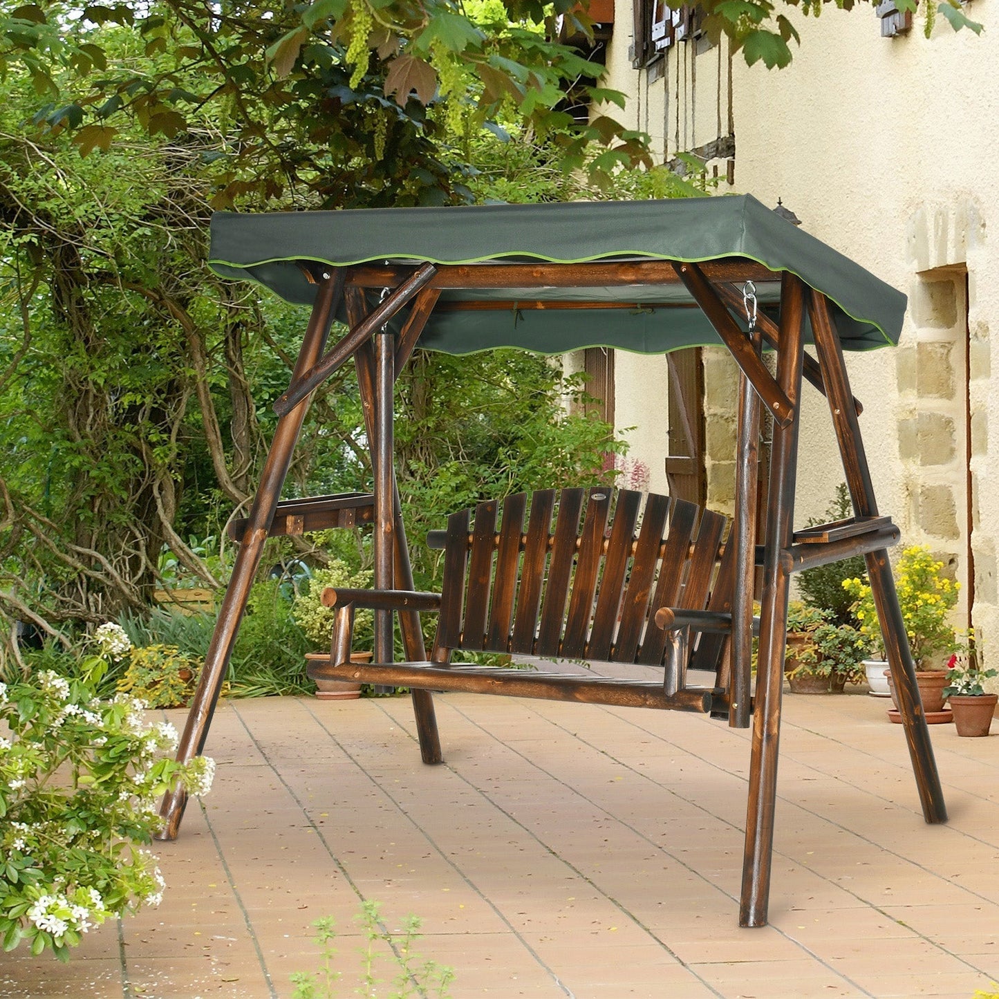 Outsunny 2-Person Outdoor Hanging Swing Chair with Adjustable Canopy and Side Trays - 84A-216