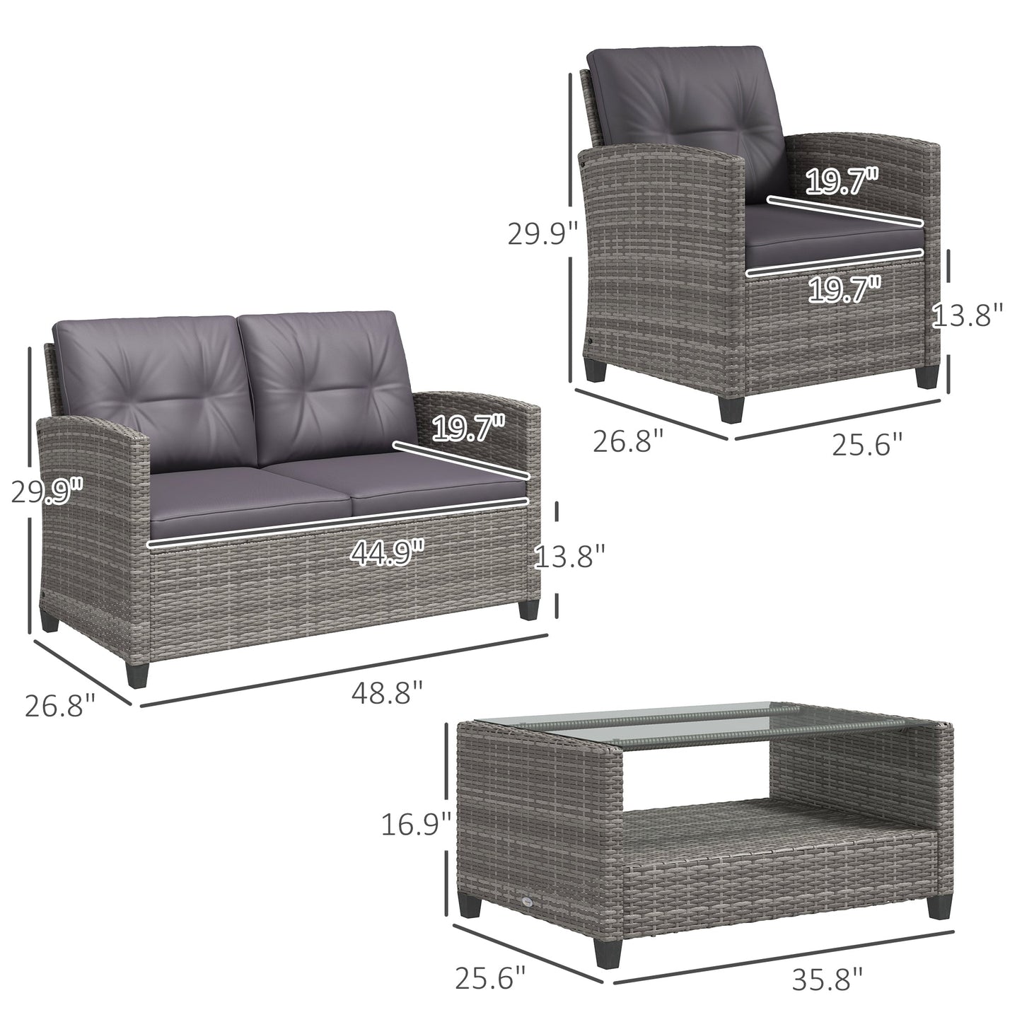 Outsunny 4-Piece PE Wicker Patio Set with Two-tier Coffee Table & Cushions, Charcoal - 860-117V01TN