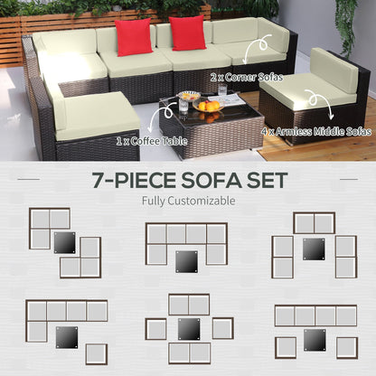 Outsunny 7-Piece PE Wicker Outdoor Sectional Set with Cushions & Glass Coffee Table, Beige - 860-020