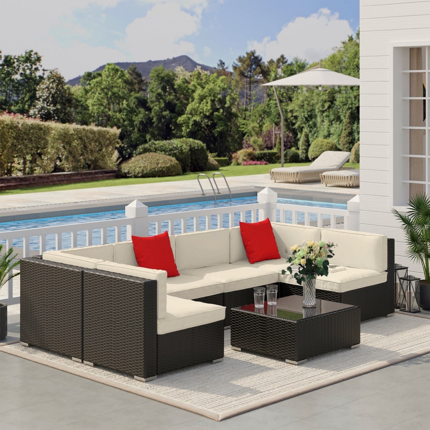 Outsunny 7-Piece PE Wicker Outdoor Sectional Set with Cushions & Glass Coffee Table, Beige - 860-020