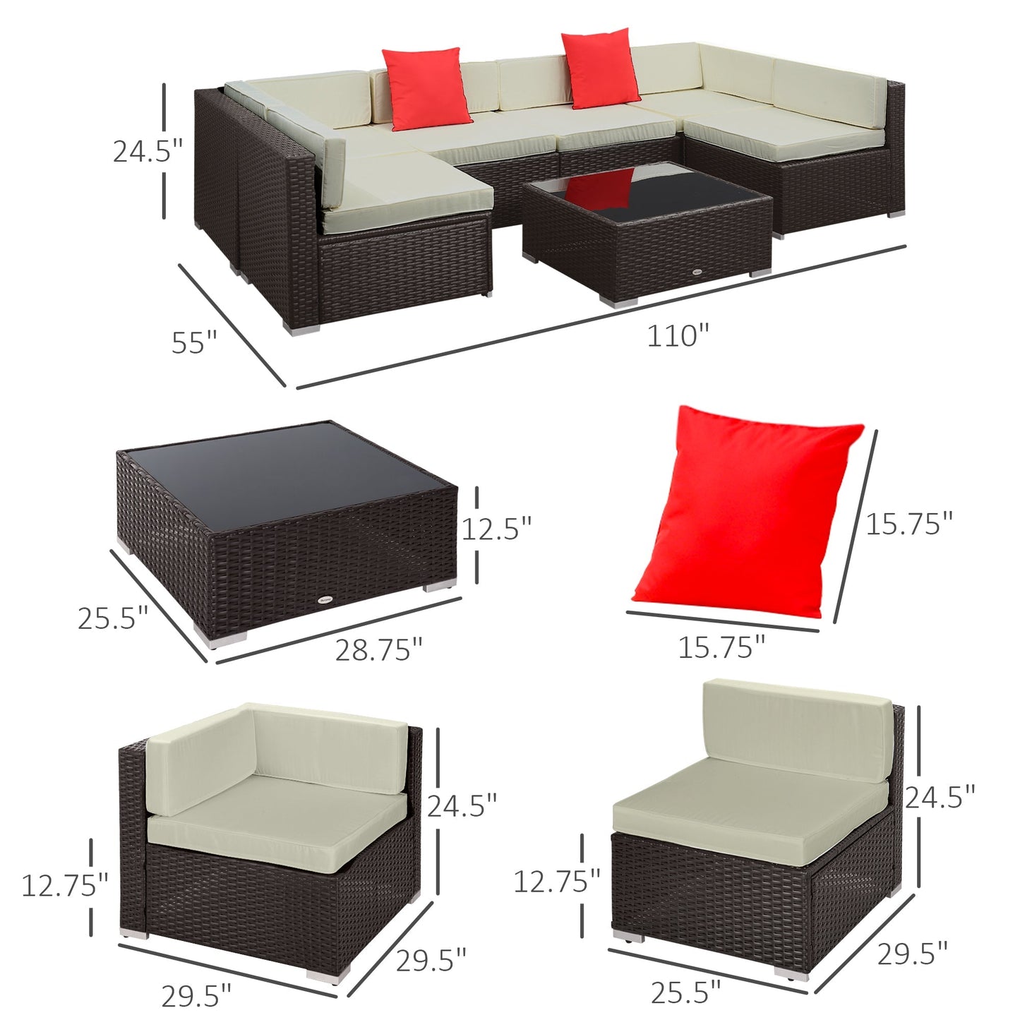Outsunny 7-Piece PE Wicker Outdoor Sectional Set with Cushions & Glass Coffee Table, Beige - 860-020