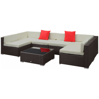 Outsunny 7-Piece PE Wicker Outdoor Sectional Set with Cushions & Glass Coffee Table, Beige - 860-020