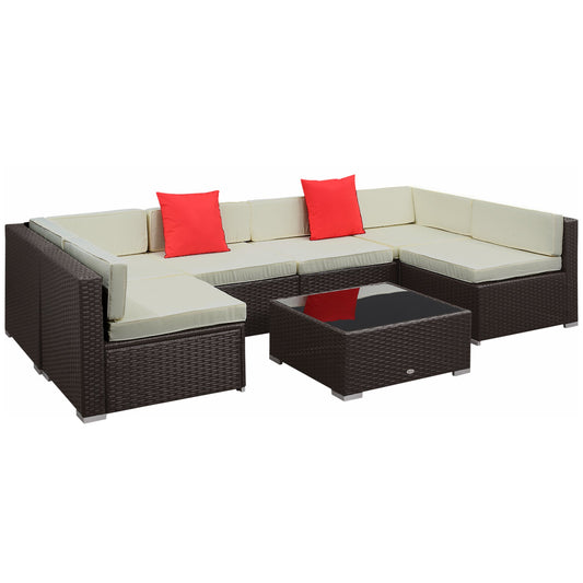 Outsunny 7-Piece PE Wicker Outdoor Sectional Set with Cushions & Glass Coffee Table, Beige - 860-020