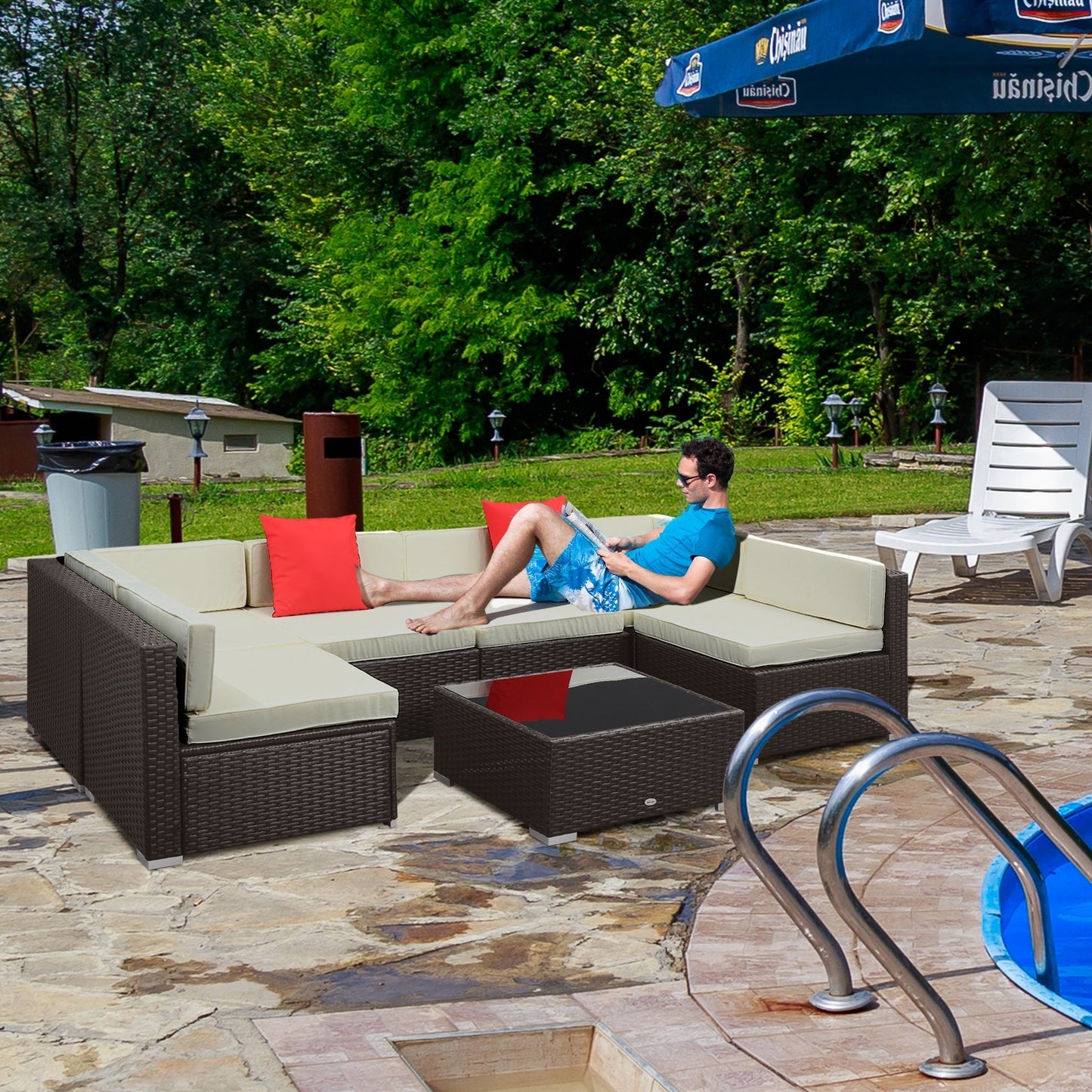 Outsunny 7-Piece PE Wicker Outdoor Sectional Set with Cushions & Glass Coffee Table, Beige - 860-020