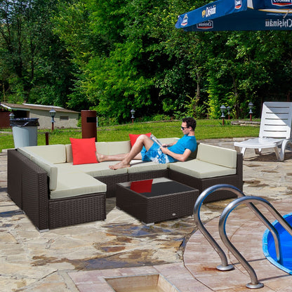 Outsunny 7-Piece PE Wicker Outdoor Sectional Set with Cushions & Glass Coffee Table, Beige - 860-020