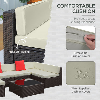 Outsunny 7-Piece PE Wicker Outdoor Sectional Set with Cushions & Glass Coffee Table, Beige - 860-020