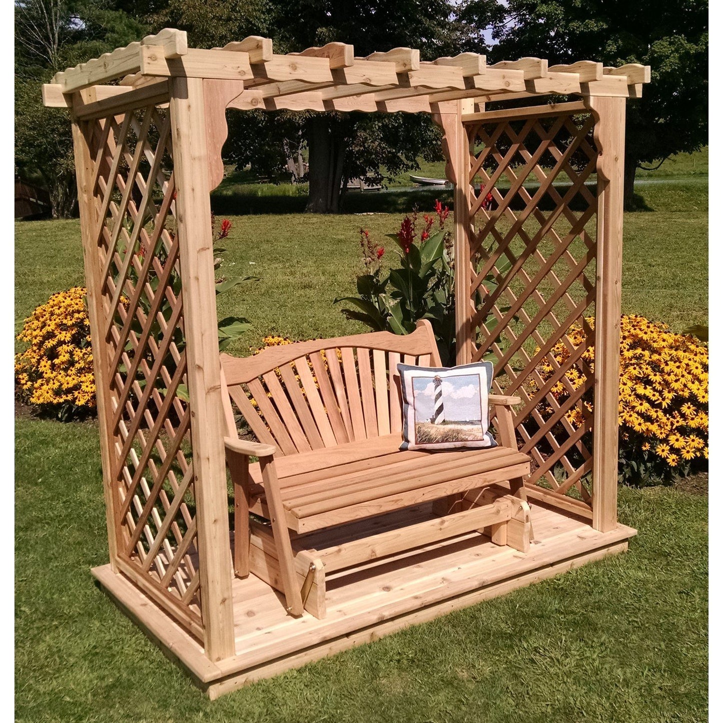 A & L Furniture Amish Handcrafted Cedar Wood Covington Arbor w/ Deck & Glider - 1535C-CS