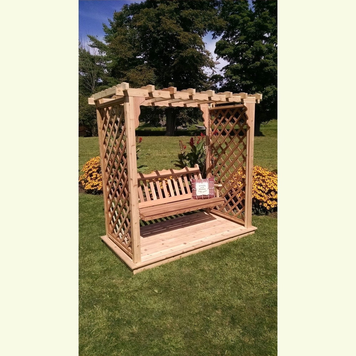 A & L Furniture Amish Handcrafted Cedar Wood Covington Arbor w/ Deck & Swing - 1531C-CS