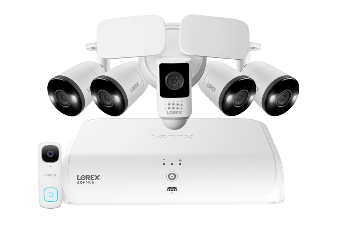 Lorex Fusion 4K+ 16 Channel (8 Wired + 8 Fusion Wi-Fi) 2TB NVR System with Four H13 Wired 4K IP Bullet Cameras, One 2K Wired Doorbell, and One 2K Floodlight - FN4K2SD-84WB-DF-2