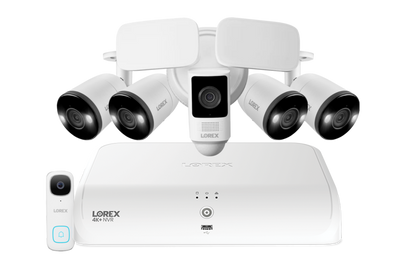 Lorex Fusion 4K+ 16 Channel (8 Wired + 8 Fusion Wi-Fi) 2TB NVR System with Four H13 Wired 4K IP Bullet Cameras, One 2K Wired Doorbell, and One 2K Floodlight - FN4K2SD-84WB-DF-2