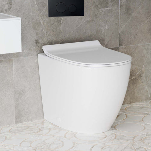 Swiss Madison St. Tropez Back-to-Wall Toilet Bundle 0.8/1.6 GPF Dual Flush in Glossy White with Black Flush Plate - SM-WT0804GW