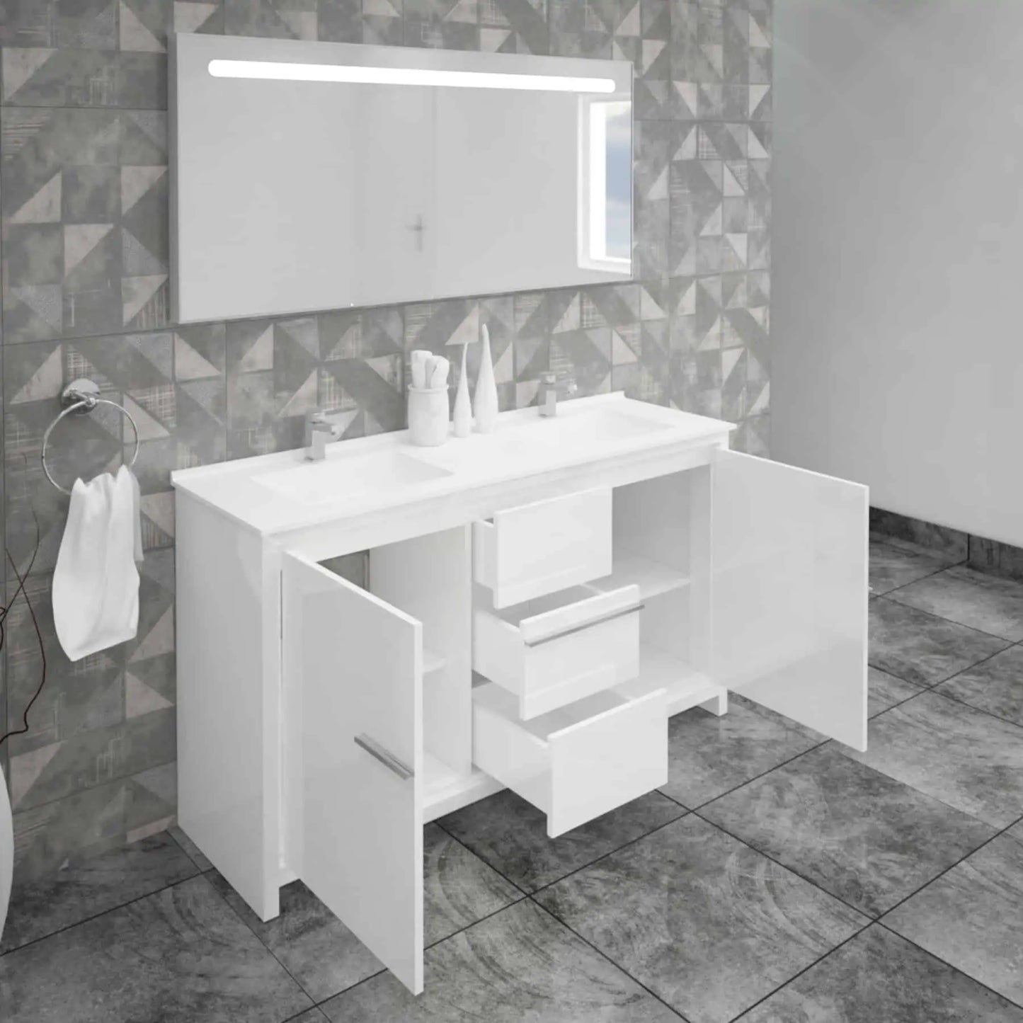 Casa Mare Alessio 60" Bathroom Vanity and Ceramic Sink Combo with LED Mirror - Alessio152GG-60