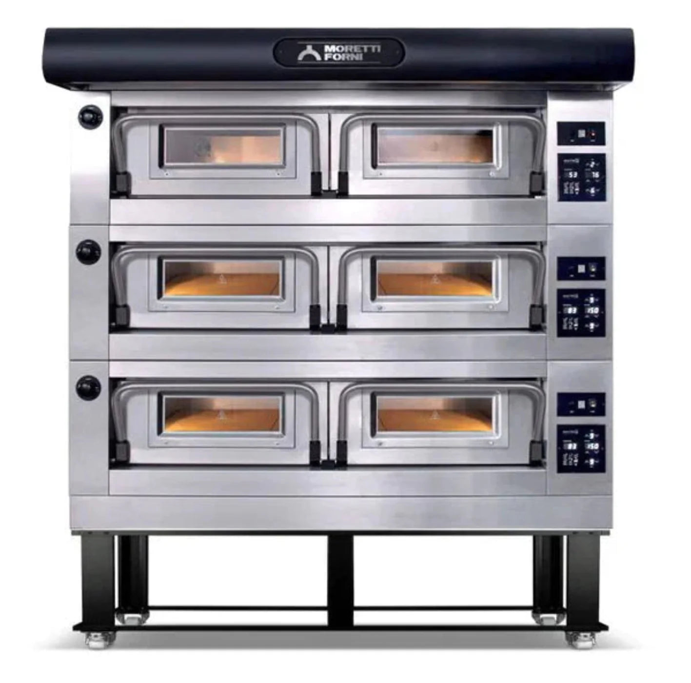 AMPTO Electric Pizza Oven P120 49'' x 52'' x 7'' (Chamber) 208/240/60/3 - 3 Decks with tray guide base - P120E C3