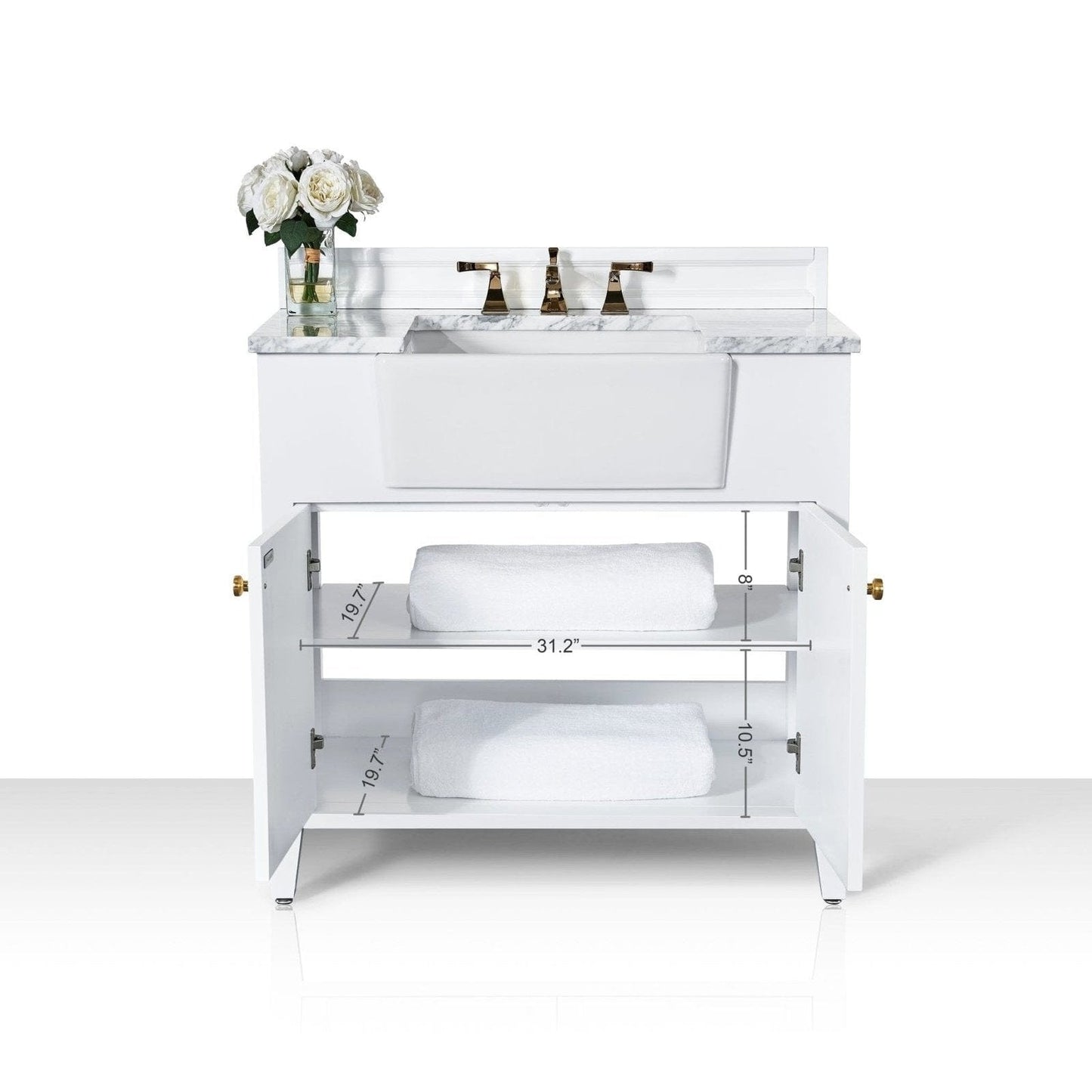 Ancerre Adeline Bathroom Vanity with Farmhouse Sink and Carrara White Marble Top Cabinet Set - VTS-ADELINE-36-W-CW-GD - Backyard Provider