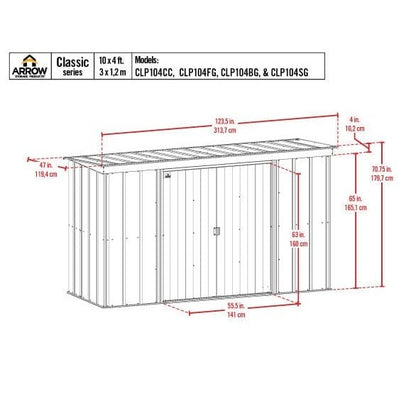 Arrow | Classic Steel Storage Shed, 10x4 ft., Blue Grey CLP104BG