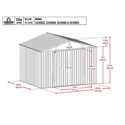 Arrow | Elite Steel Storage Shed, 10x8 ft. Anthracite EG108AN