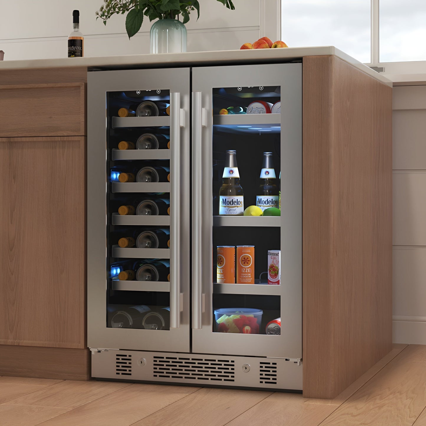 Avallon 24 Inch Wide 21 Bottle Capacity and 64 Can Capacity Beverage Center with LED Lighting and Double Pane Glass - AWBC242GGFDPRG