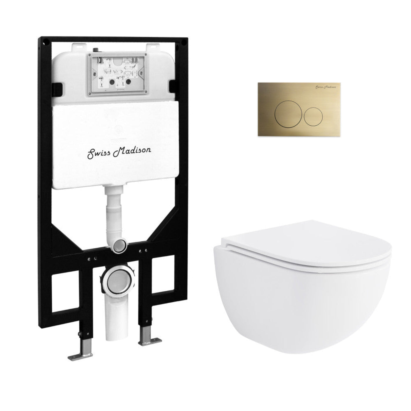 Swiss Madison St. Tropez Wall-Hung Toilet Bundle 0.8/1.6 GPF Dual Flush in Glossy White with Brass Flush Plate - SM-WT0801GW