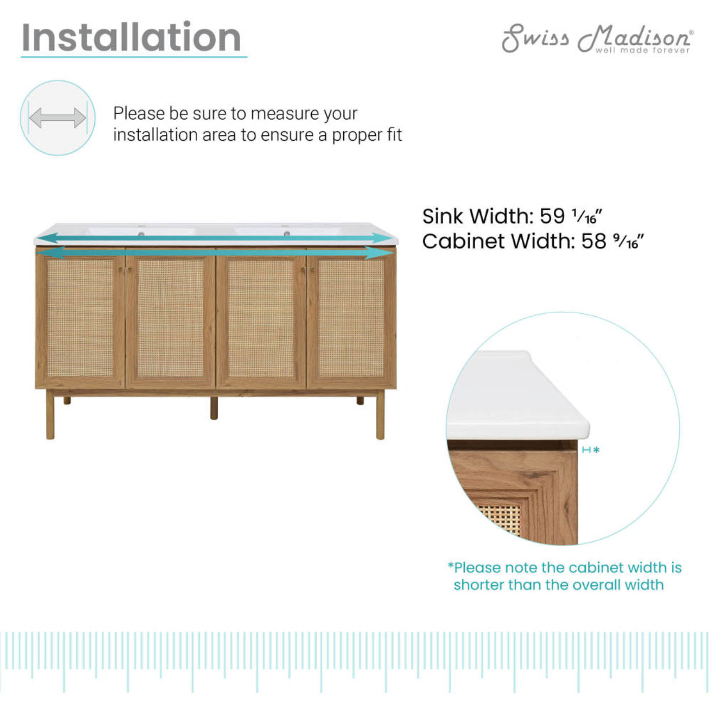 Swiss Madison Classe 60" Freestanding Bathroom Vanity in Golden Oak with Double Basin Sink Top - SM-BV666