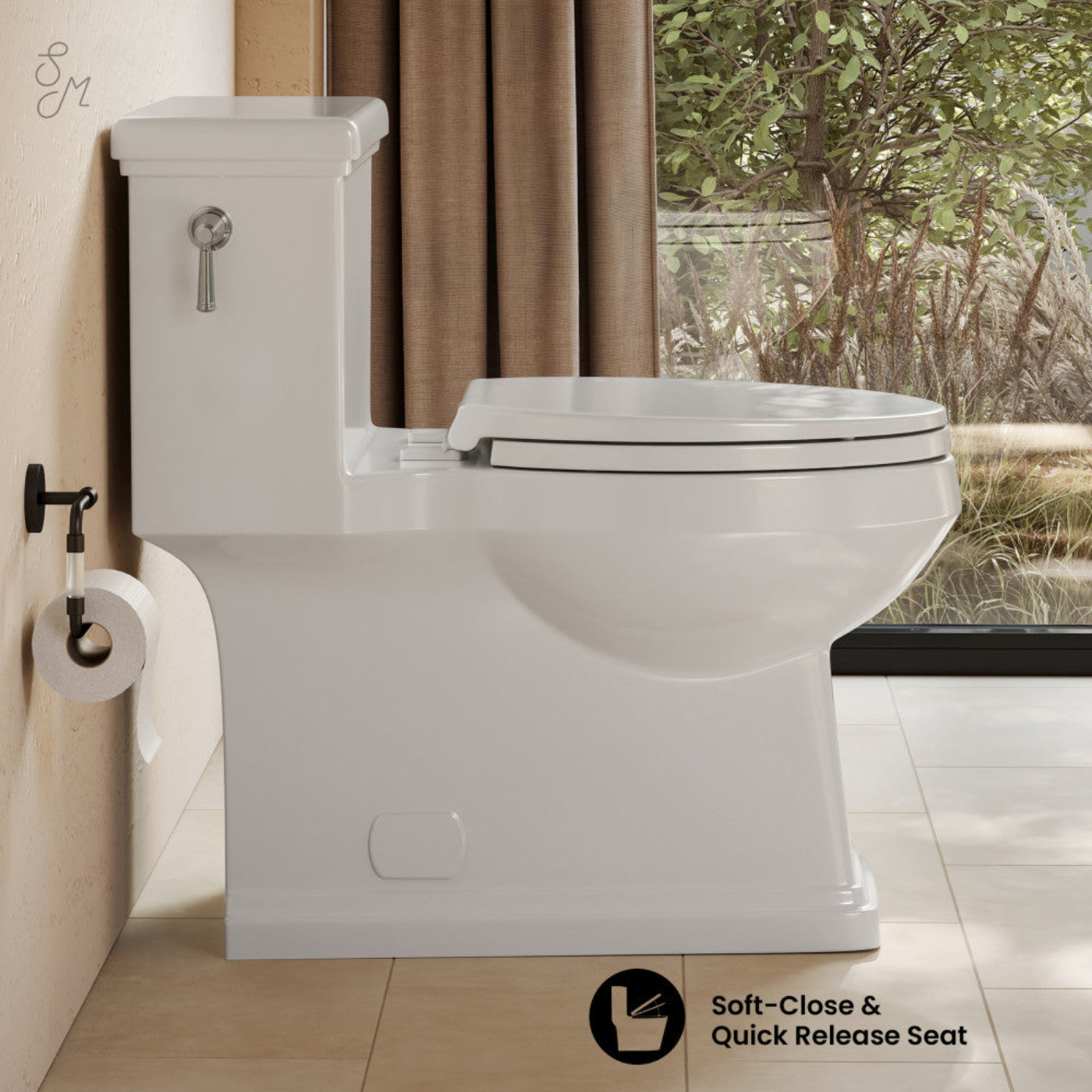 Swiss Madison Voltaire II One-Piece 12" Rough-in 1.28 GPF Left-Hand Flush ADA Elongated Toilet in Glossy White, Nano-Glaze  -  SM-1T9201GW