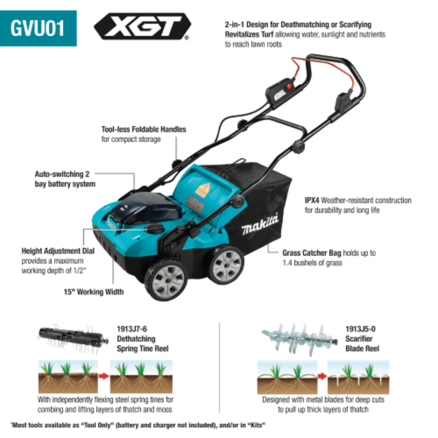 Makita GVU01SM 40V max XGT Brushless Cordless 15" Dethatcher / Scarifier Kit (4.0Ah) - GVU01SM