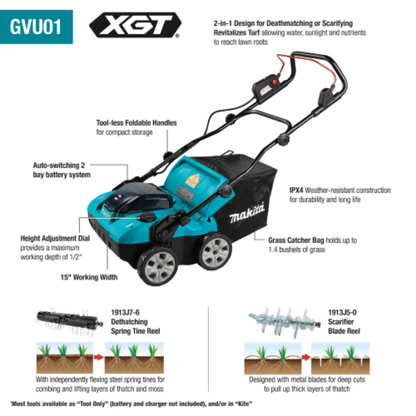 Makita GVU01SM 40V max XGT Brushless Cordless 15" Dethatcher / Scarifier Kit (4.0Ah) - GVU01SM