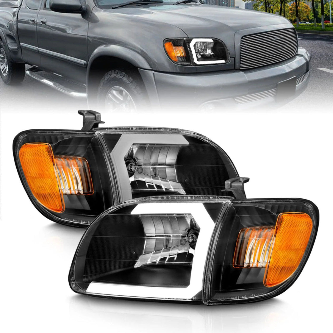 ANZO Crystal Plank Style Headlights Black with Corner Lights - 2 Piece | 2000-2004 Toyota Tundra - 111579