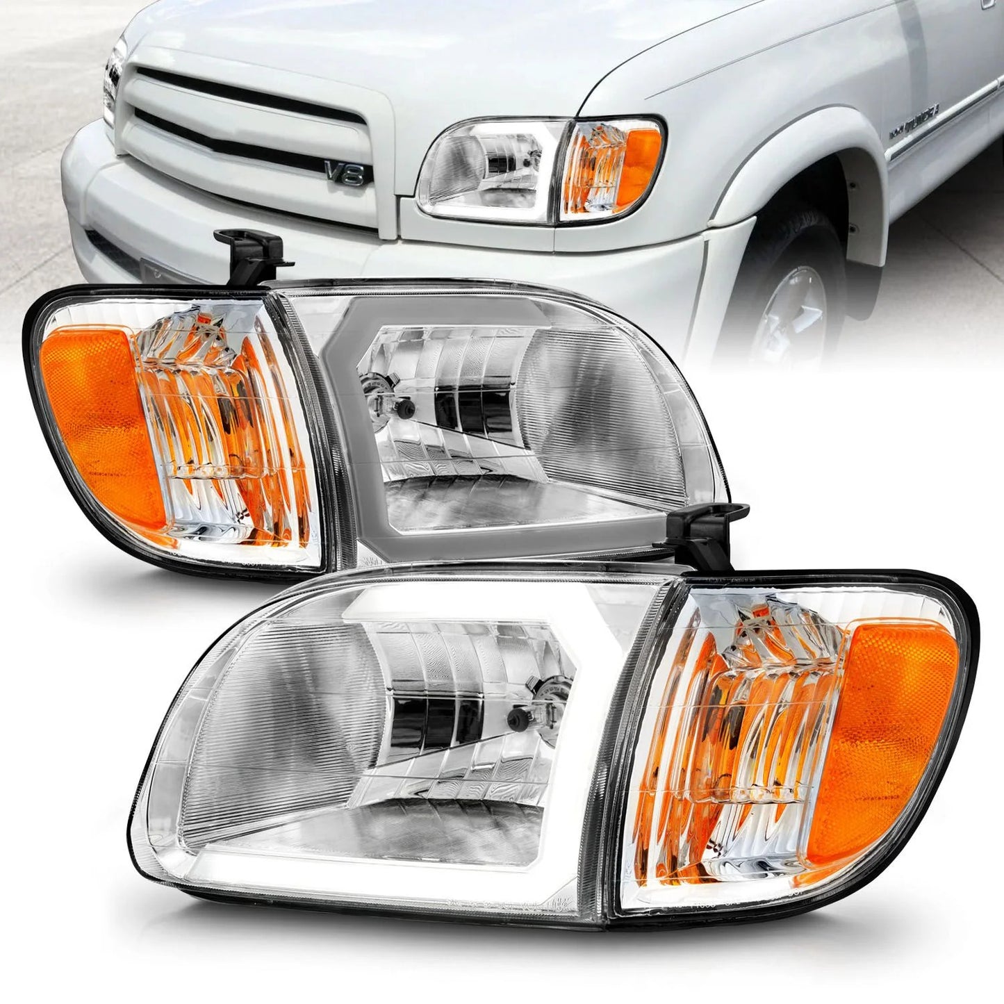 ANZO Crystal Plank Style Headlights Chrome with Corner Lights - 2 Piece | 2000-2004 Toyota Tundra - 111580