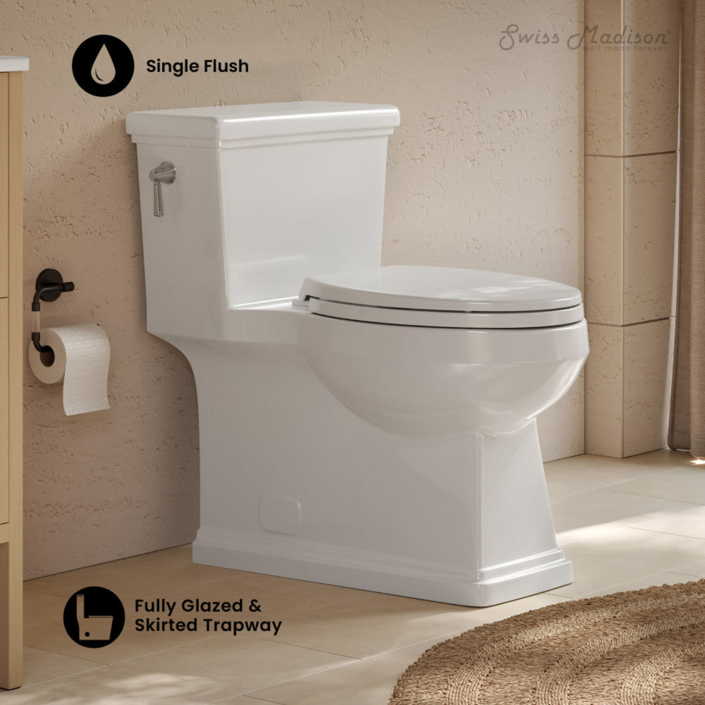 Swiss Madison Voltaire II One-Piece 12" Rough-in 1.28 GPF Left-Hand Flush ADA Elongated Toilet in Glossy White, Nano-Glaze  -  SM-1T9201GW