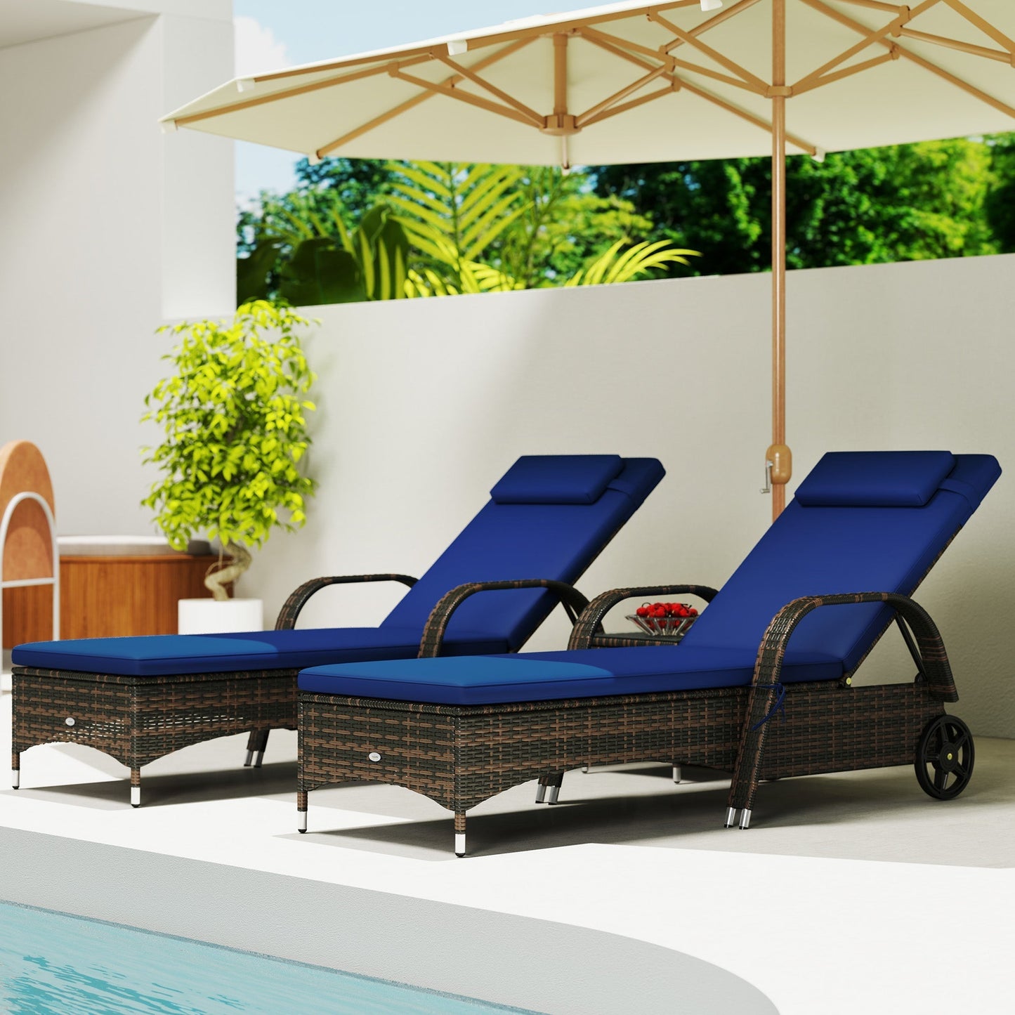 Outsunny 3-Piece Wicker Chaise Lounge Chair Set with Side Table, 5-Level Adjustable Backrest, Dark Blue - 862-011V01DB