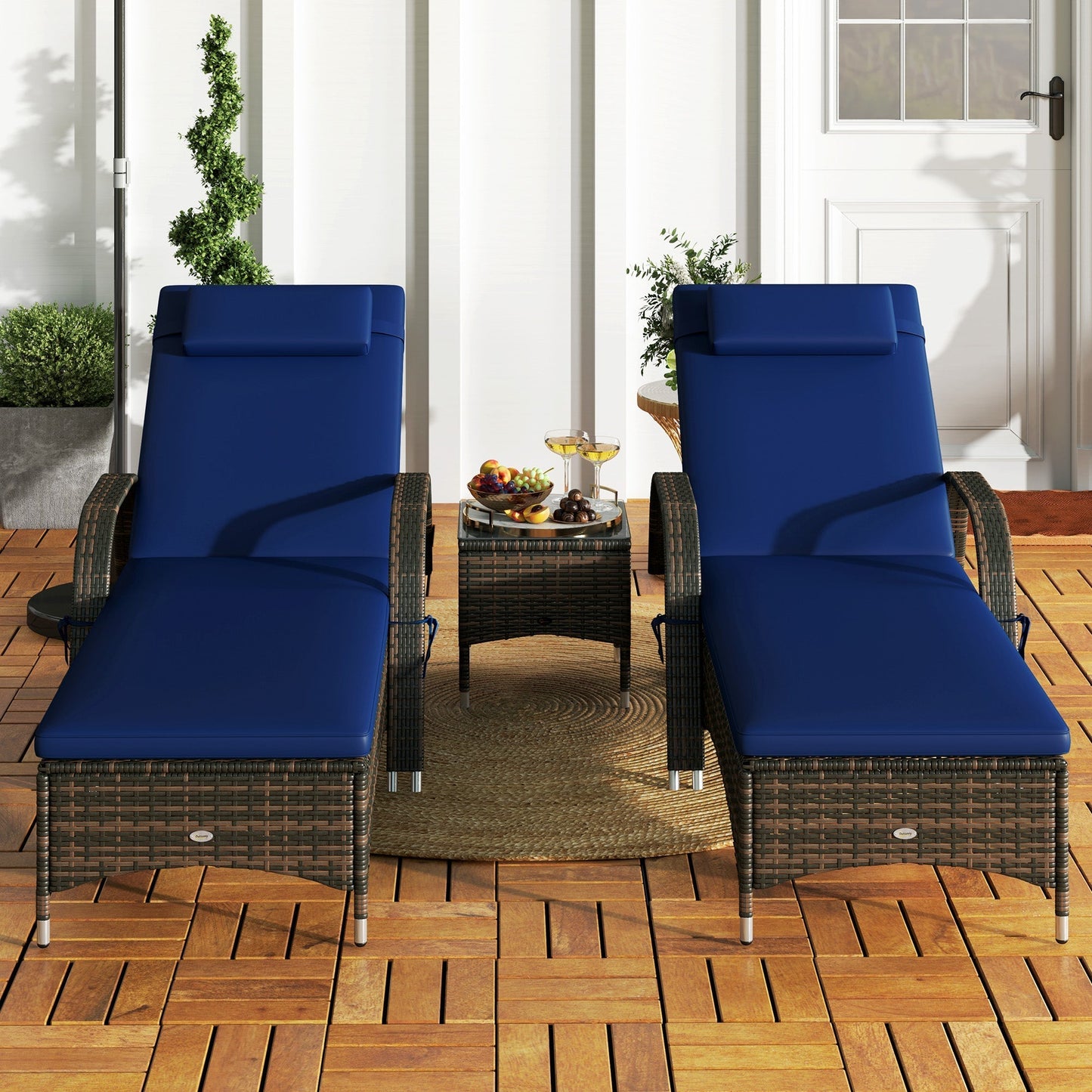 Outsunny 3-Piece Wicker Chaise Lounge Chair Set with Side Table, 5-Level Adjustable Backrest, Dark Blue - 862-011V01DB