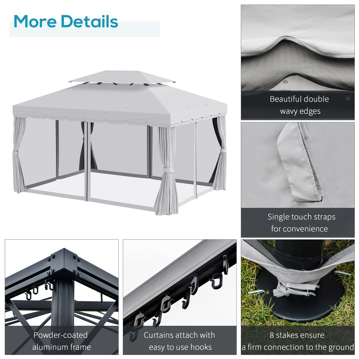 Outsunny 10' x 13' Patio Gazebo with Aluminum Frame, Double Roof, Netting & Light Gray Curtains - 84C-101