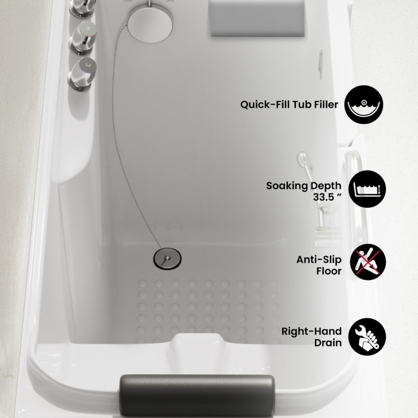 Swiss Madison Auvergne 53" x 27" ADA Right Drain Walk-in Soaking Bathtub in Glossy White, Faucet Set, Drain, Grab Bars, Pillow Included - SM-AB6802GW