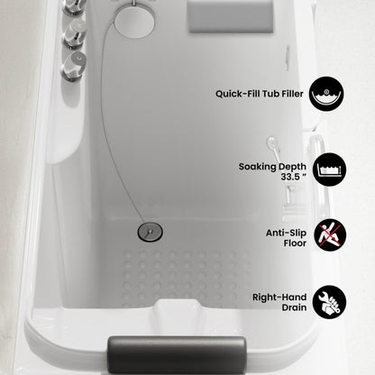 Swiss Madison Auvergne 53" x 27" ADA Right Drain Walk-in Soaking Bathtub in Glossy White, Faucet Set, Drain, Grab Bars, Pillow Included - SM-AB6802GW