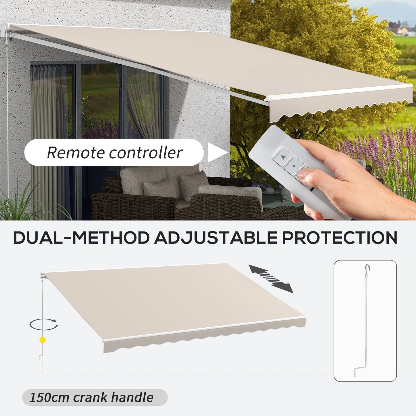 16' x 10' Electric Retractable Awning with Remote & Crank Handle, Cream White