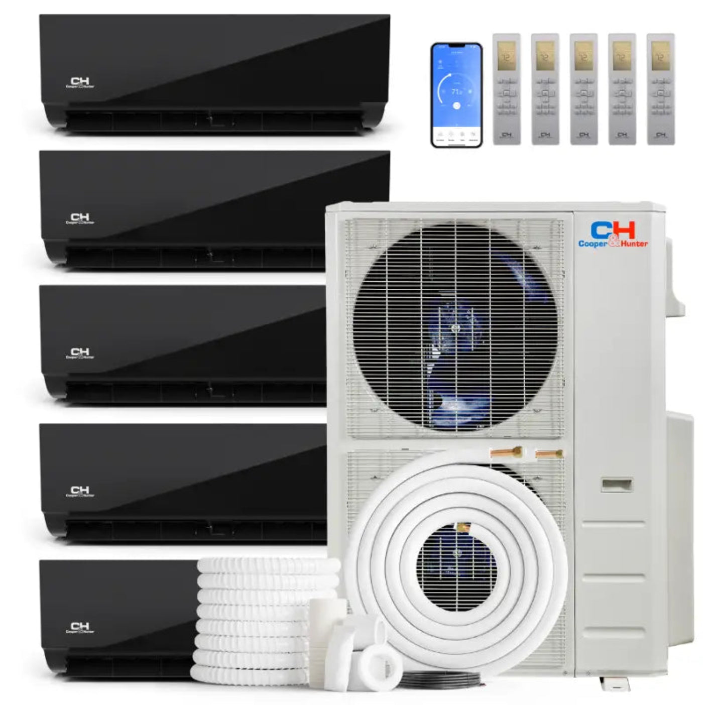Cooper & Hunter 5 Zone 60,000 BTU Wall Mounted Mini Split AC R454B Midnight 9K+9K+9K+18K+18K - CH-R60MES-230VORB09MOLVWMRB09MOLVWMRB09MOLVWMRB18MOLVWMRB18MOLVWM-NO