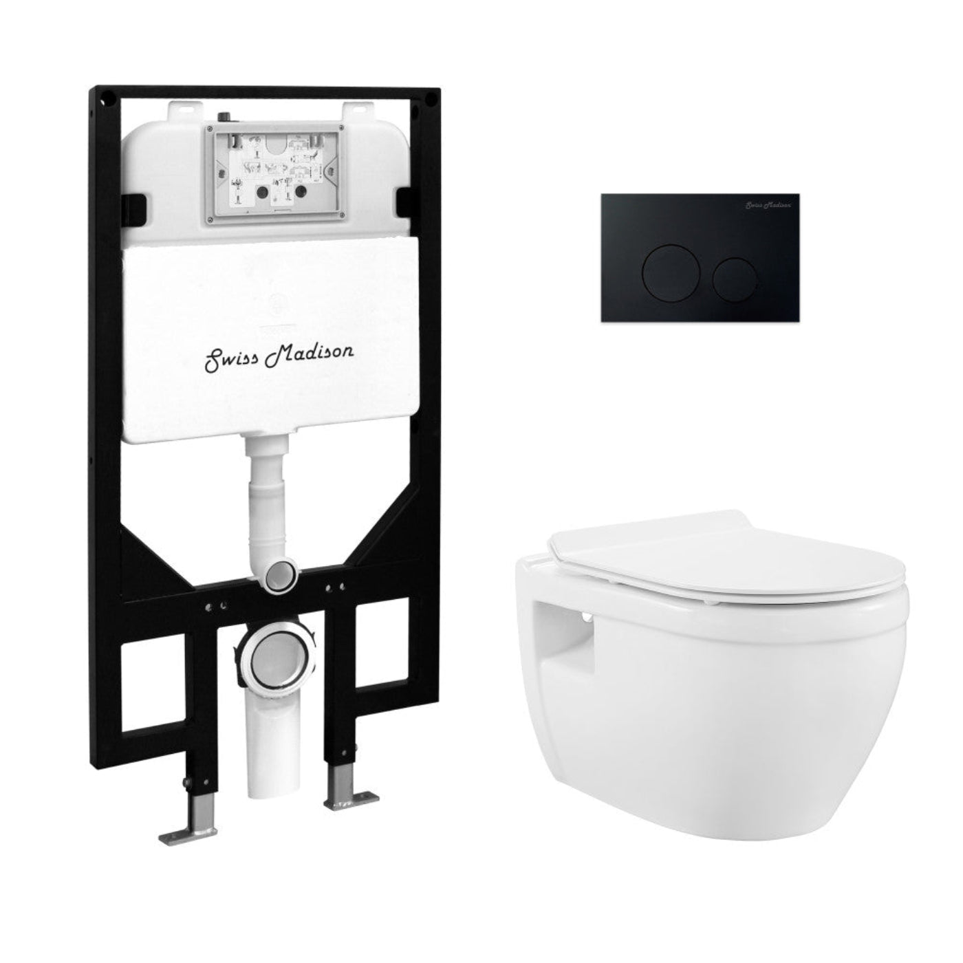 Swiss Madison Ivy Wall-Hung Toilet Bundle 0.8/1.6 GPF Dual Flush in Glossy White with Black Flush Plate - SM-WT0903GW
