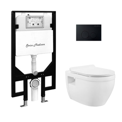 Swiss Madison Ivy Wall-Hung Toilet Bundle 0.8/1.6 GPF Dual Flush in Glossy White with Black Flush Plate - SM-WT0903GW