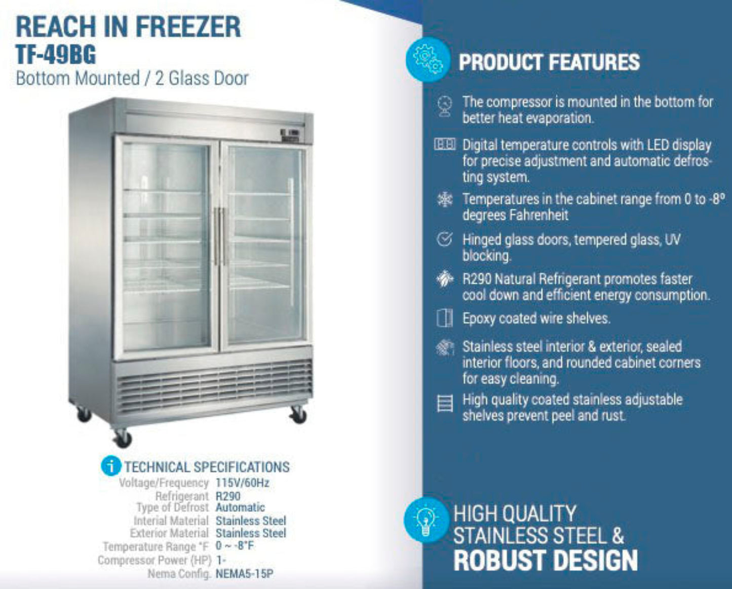 Chef AAA -55" 2 Glass Door Reach-in Freezer 40.7 cu. ft. - TF-49BG