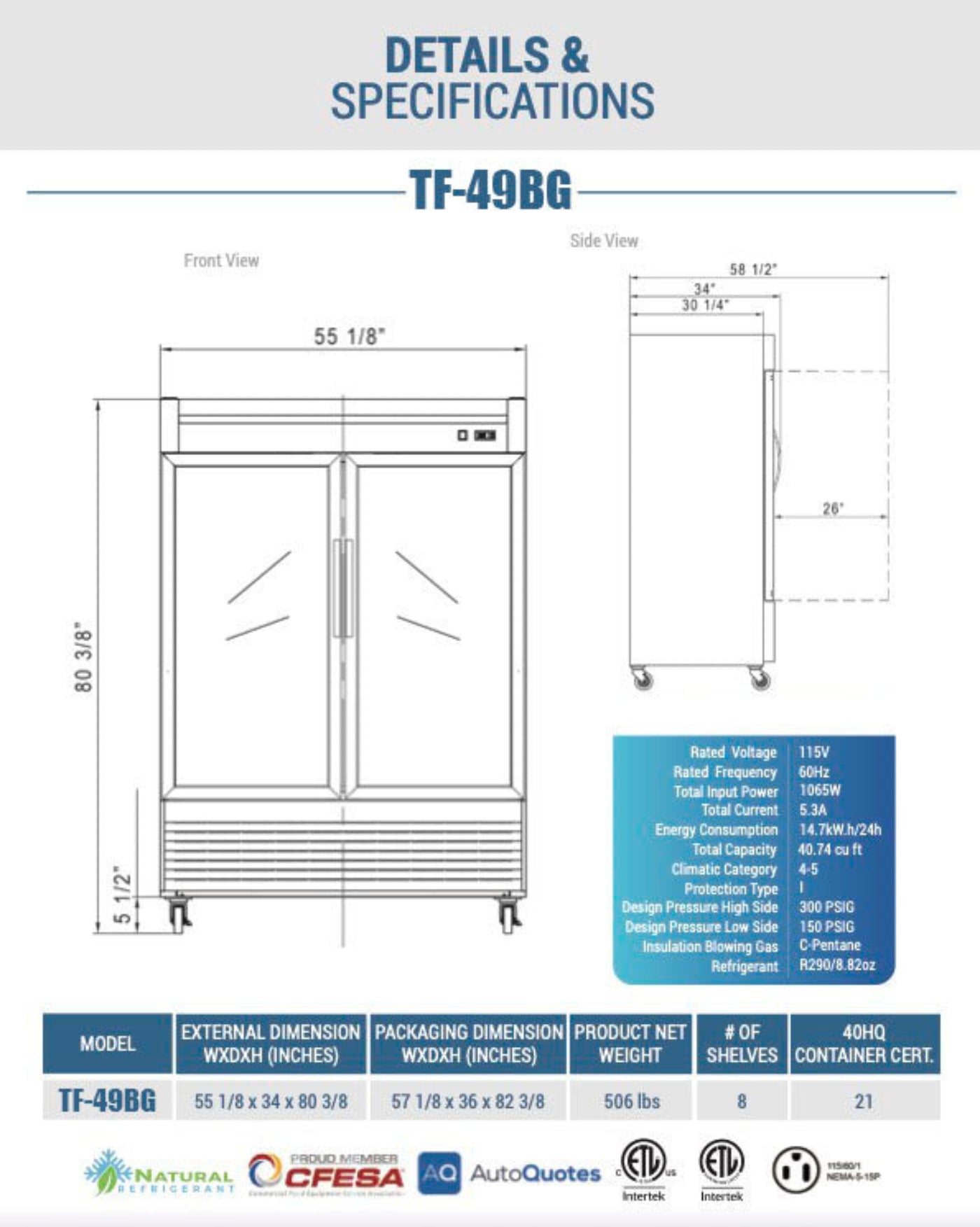 Chef AAA -55" 2 Glass Door Reach-in Freezer 40.7 cu. ft. - TF-49BG