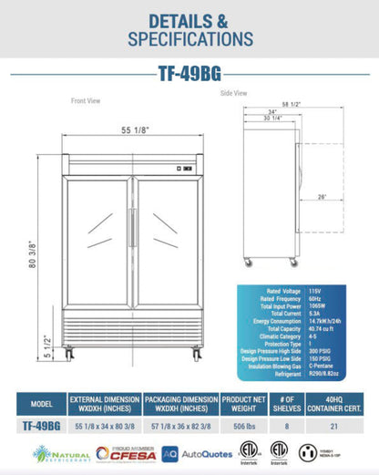 Chef AAA -55" 2 Glass Door Reach-in Freezer 40.7 cu. ft. - TF-49BG