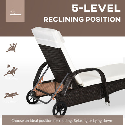 Outsunny 3-Piece Patio Chaise Lounge Chair with Table, 5-Level Adjustable Backrest & Wheels, Brown - 862-011BN