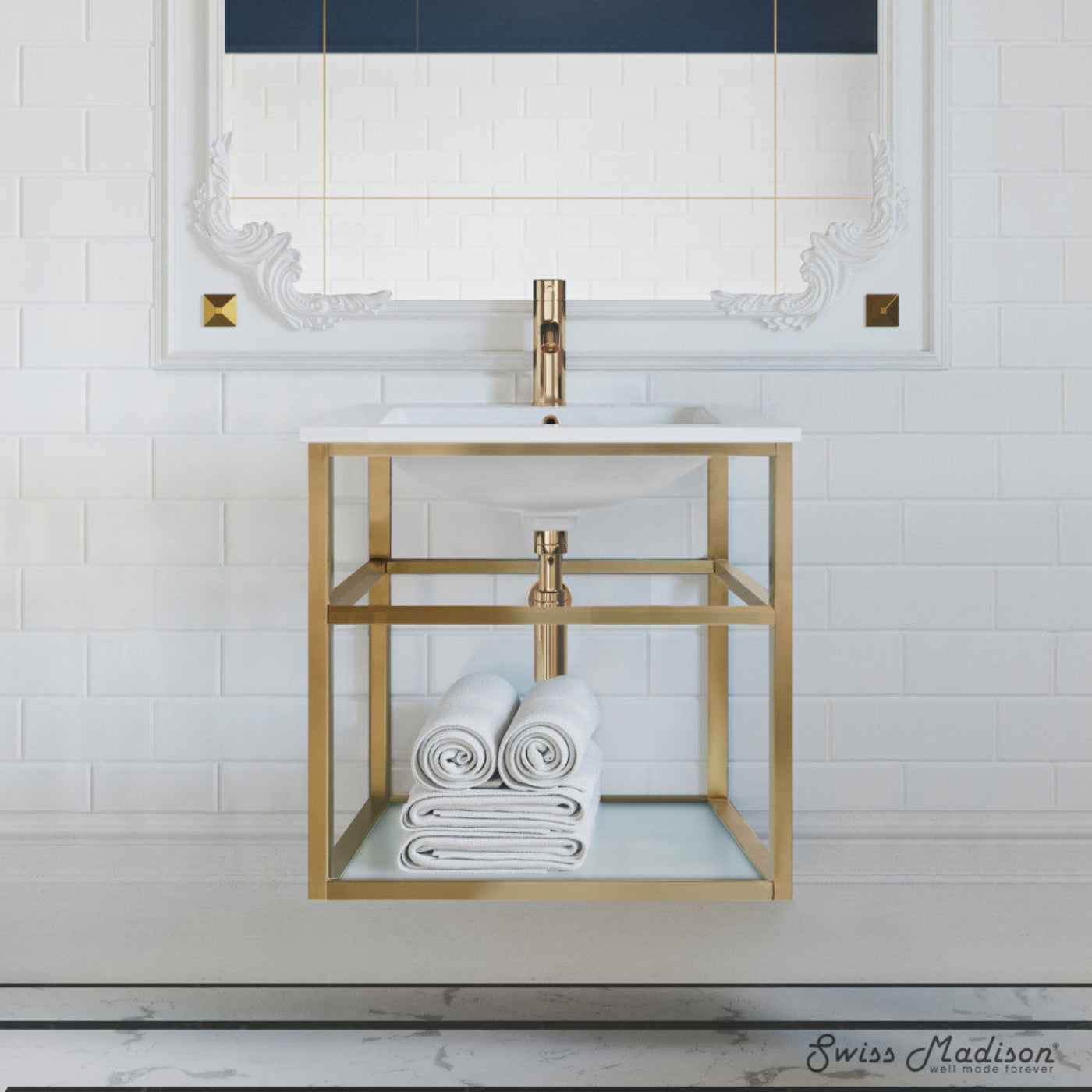 Swiss Madison Pierre 24 Single, Open Shelf, Gold Metal Frame Bathroom Vanity - SM-BV552G