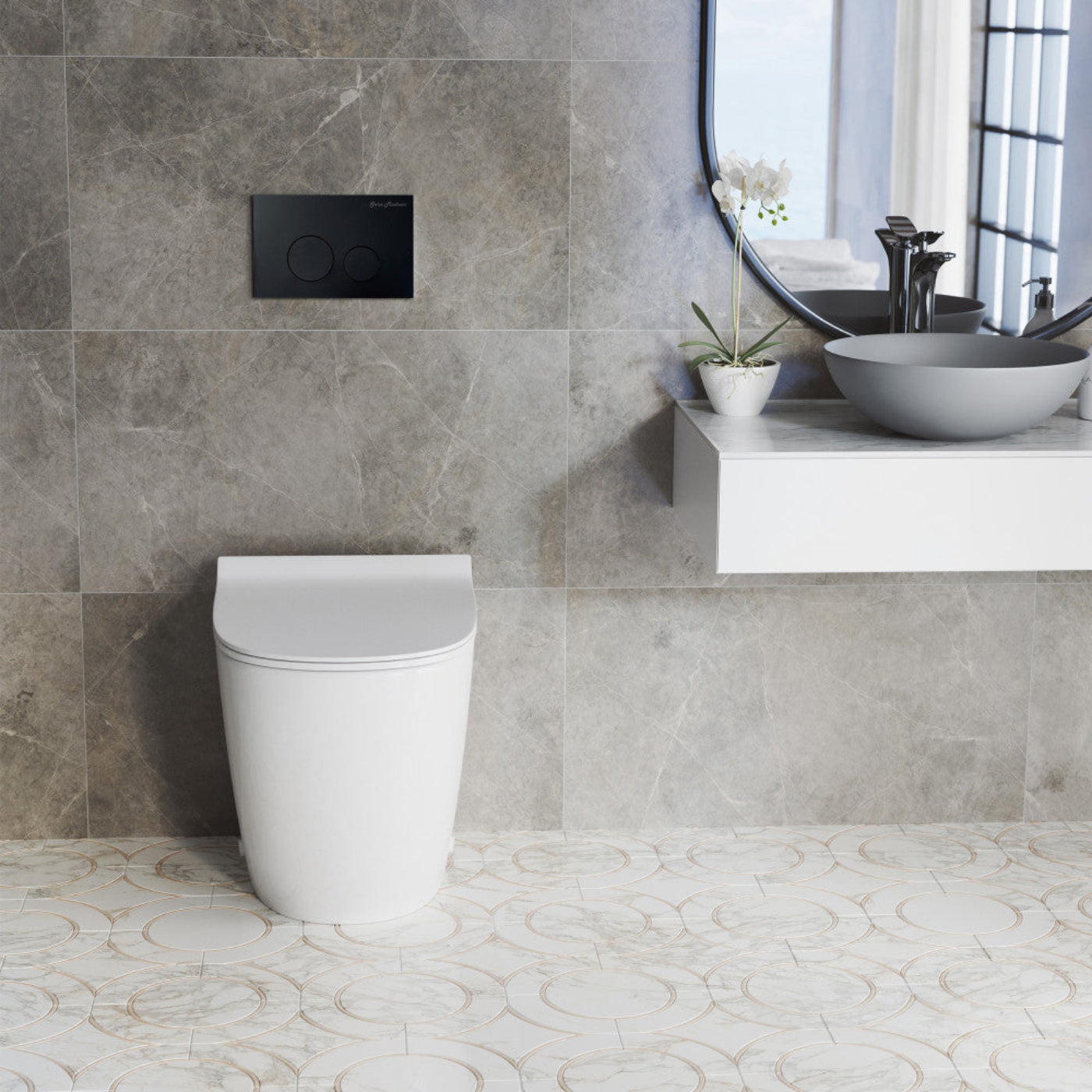 Swiss Madison St. Tropez Back-to-Wall Toilet Bundle 0.8/1.6 GPF Dual Flush in Glossy White with Black Flush Plate - SM-WT0804GW