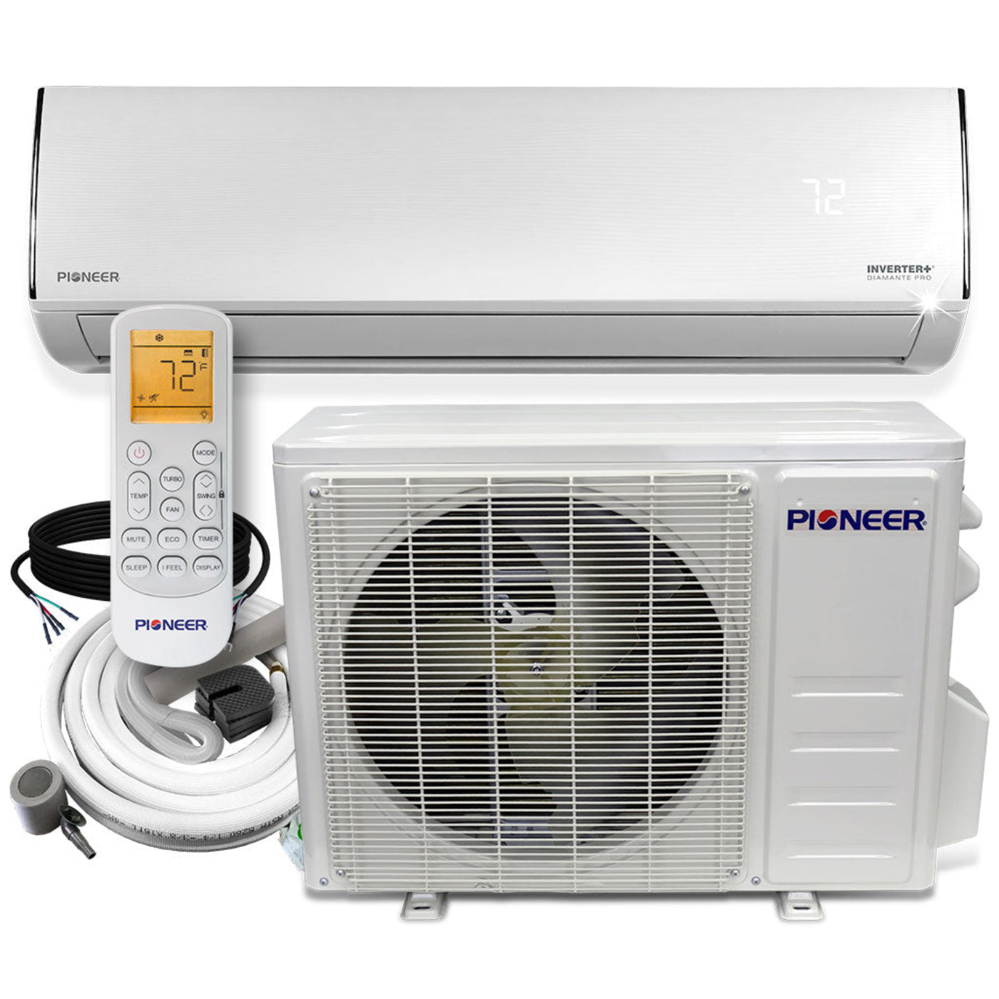 Pioneer Diamante Pro Series 12,000 BTU 19 SEER2 Ductless Mini-Split Air Conditioner Inverter+ Heat Pump Full Set 115V with 16 Ft. Kit - WYT012ALFI19RL