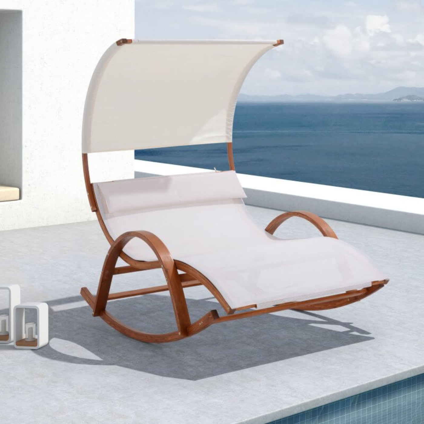 Deko Living Outdoor Cedar Wood Patio Lounge Daybed with White Textilene Fabric & Canopy  - COP20205WHT